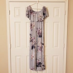Gray, off the shoulder, floral maxi dress